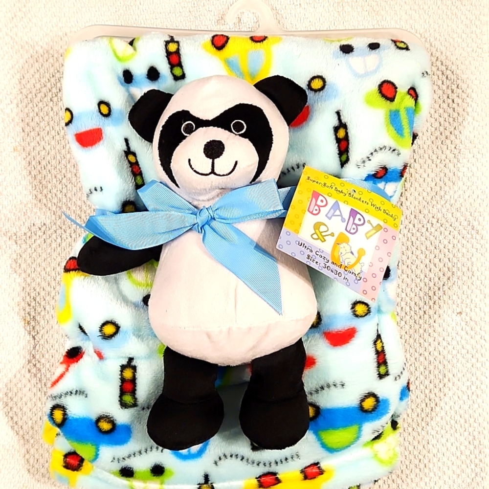 BOYS NEW BABY AND U 30X30 SOFT PLUSH BLUE BACKGROUND WITH PLUSH PANDA